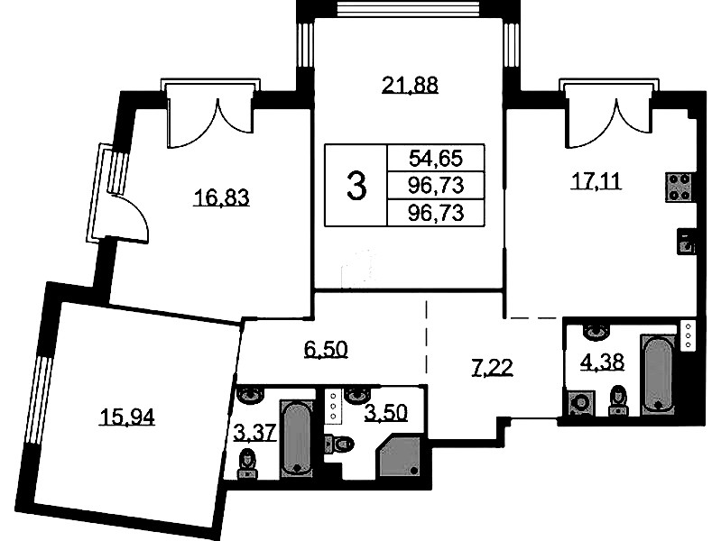 3-комнатная квартира 96.73 м², 5/9 эт., ЖК «Бакунина 33»